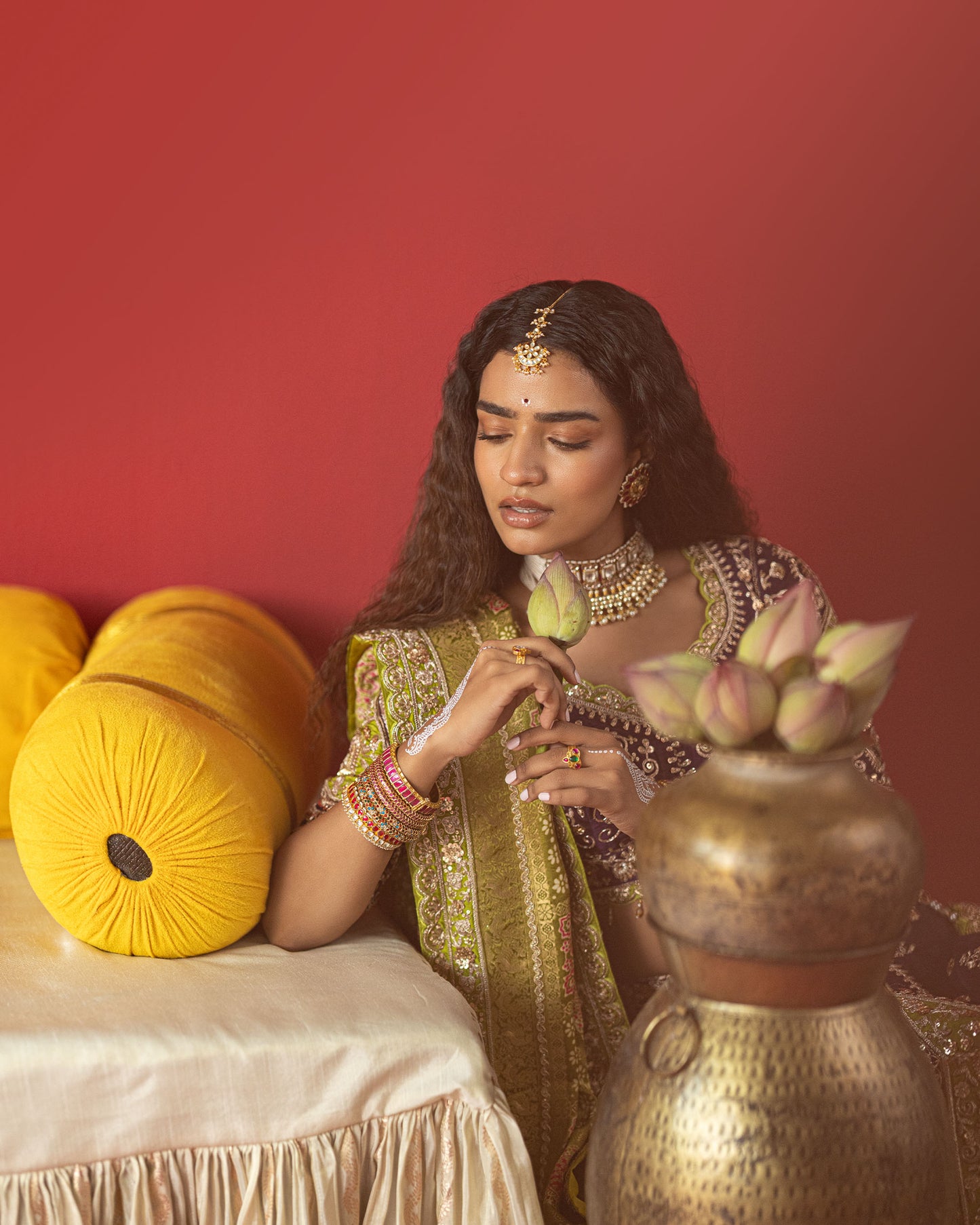 purple lehenga with pistachio-green ajarakh duppata