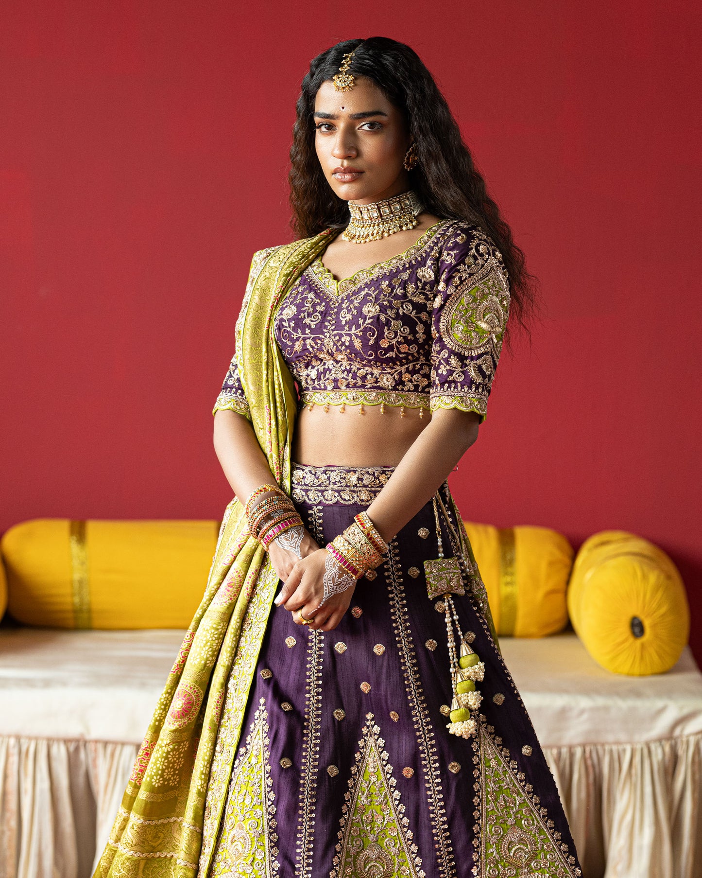 purple lehenga with pistachio-green ajarakh duppata