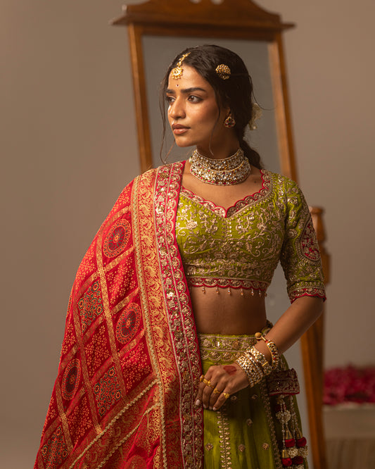 Pistachio green lehenga with rani ajarakh duppata