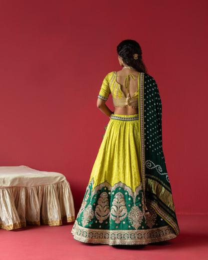 Pistachio-Green Jari Tissue Lehenga with Bandhej Duppata