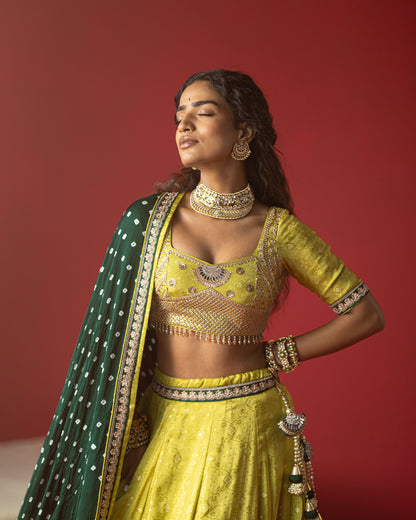 Pistachio-Green Jari Tissue Lehenga with Bandhej Duppata
