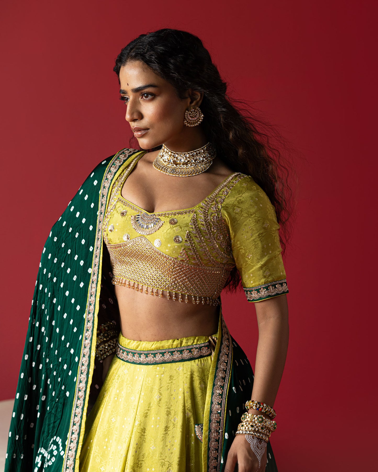 Pistachio-Green Jari Tissue Lehenga with Bandhej Duppata