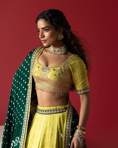 Pistachio-Green Jari Tissue Lehenga with Bandhej Duppata