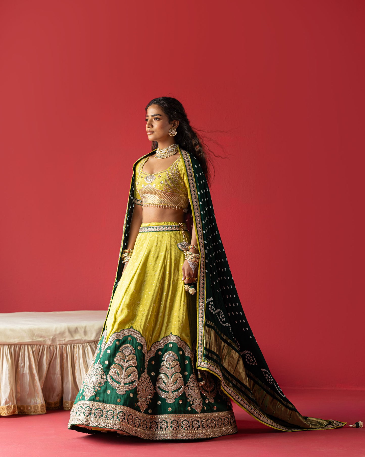 Pistachio-Green Jari Tissue Lehenga with Bandhej Duppata