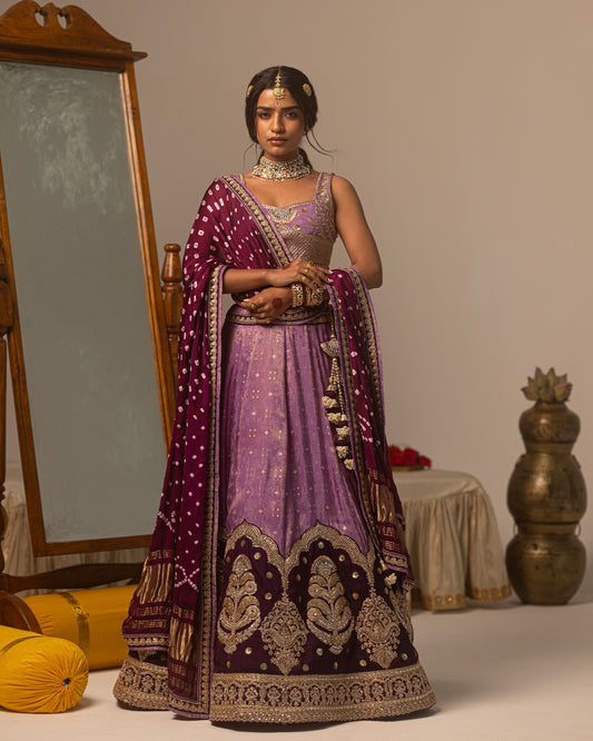 purple jari tissue jeq. lehenga with bandhej duppata