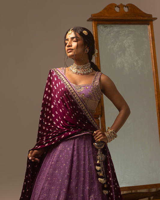 purple jari tissue jeq. lehenga with bandhej duppata