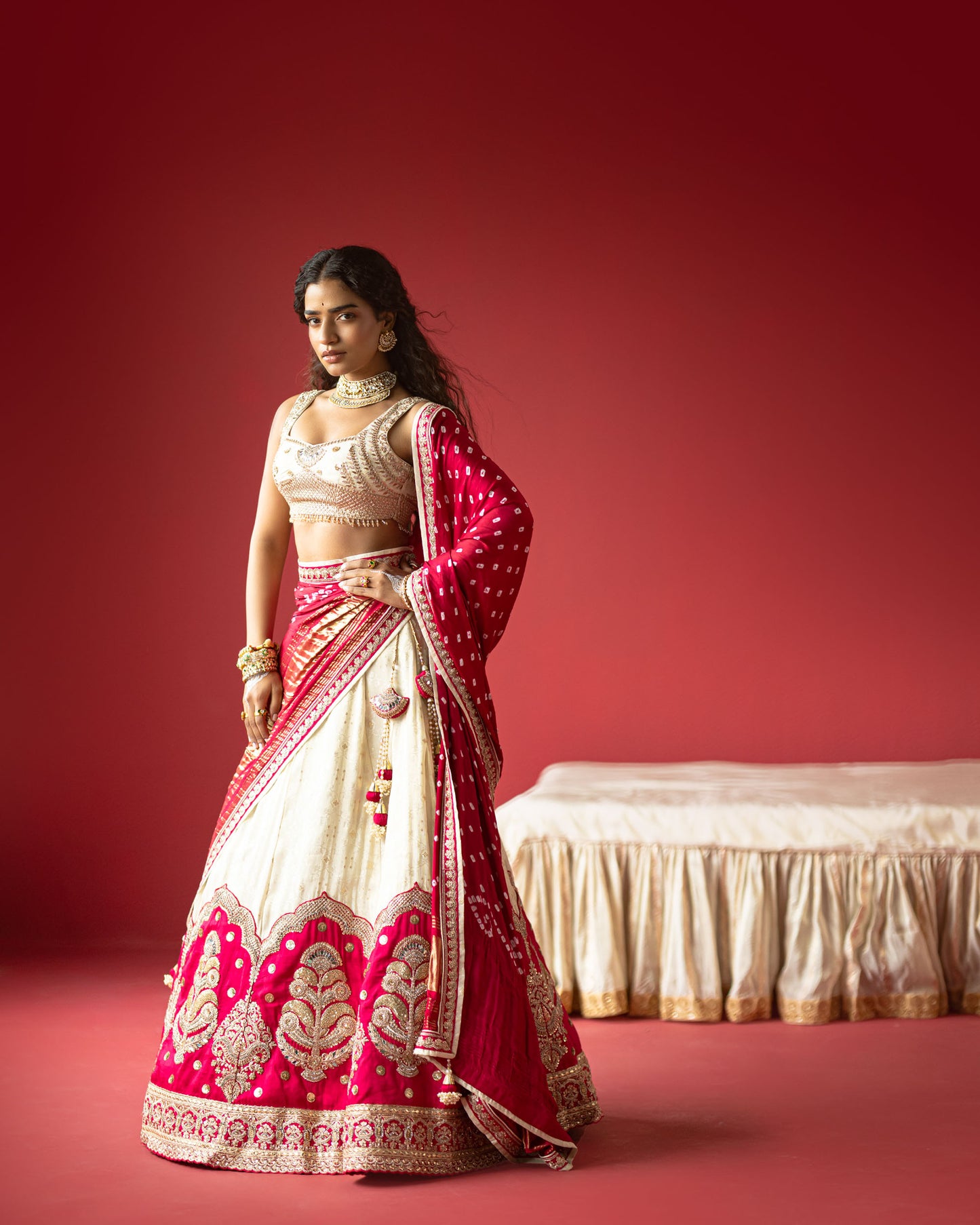 Offwhite Rani Jari Tissue Lehenga Set with Bandhej duppata
