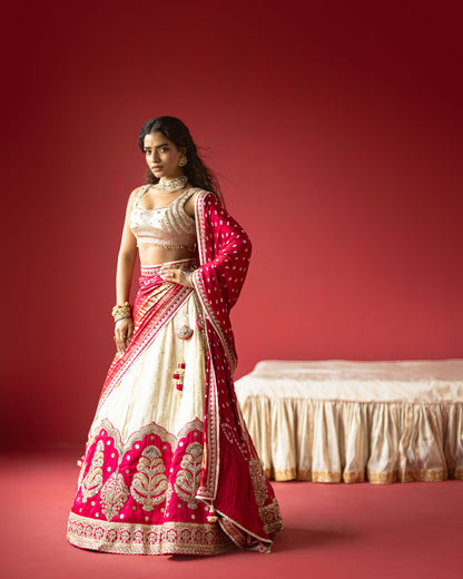 Offwhite Rani Jari Tissue Lehenga Set with Bandhej duppata