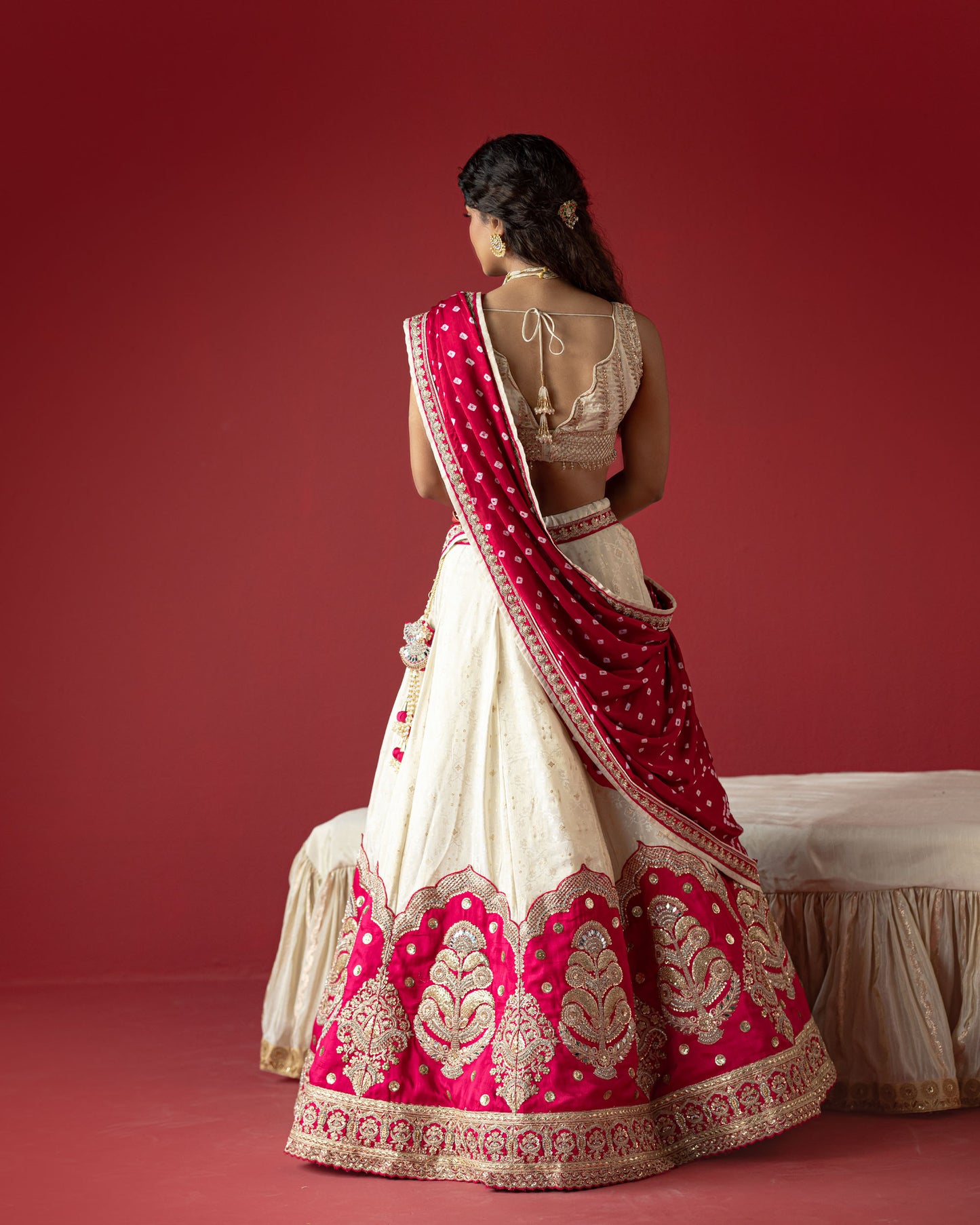 Offwhite Rani Jari Tissue Lehenga Set with Bandhej duppata