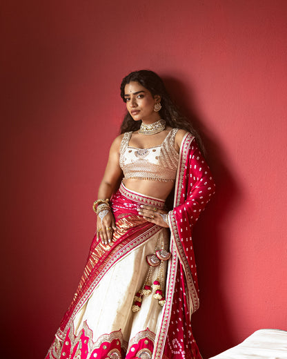 Offwhite Rani Jari Tissue Lehenga Set with Bandhej duppata