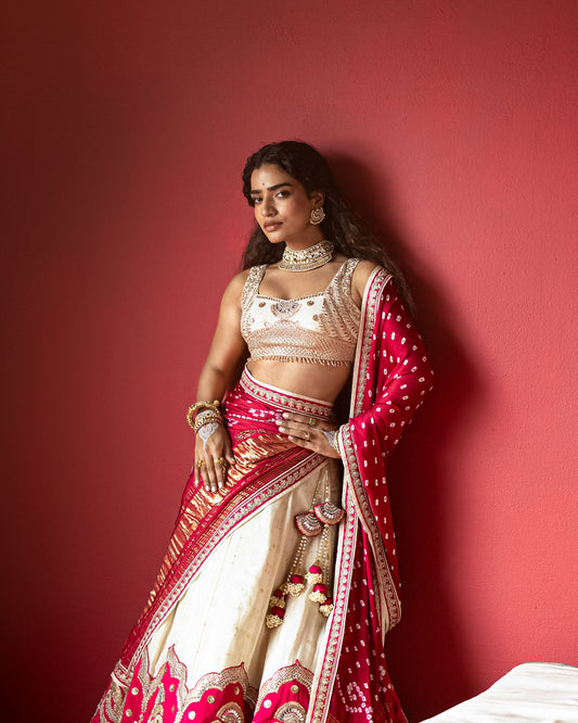 Offwhite Rani Jari Tissue Lehenga Set with Bandhej duppata