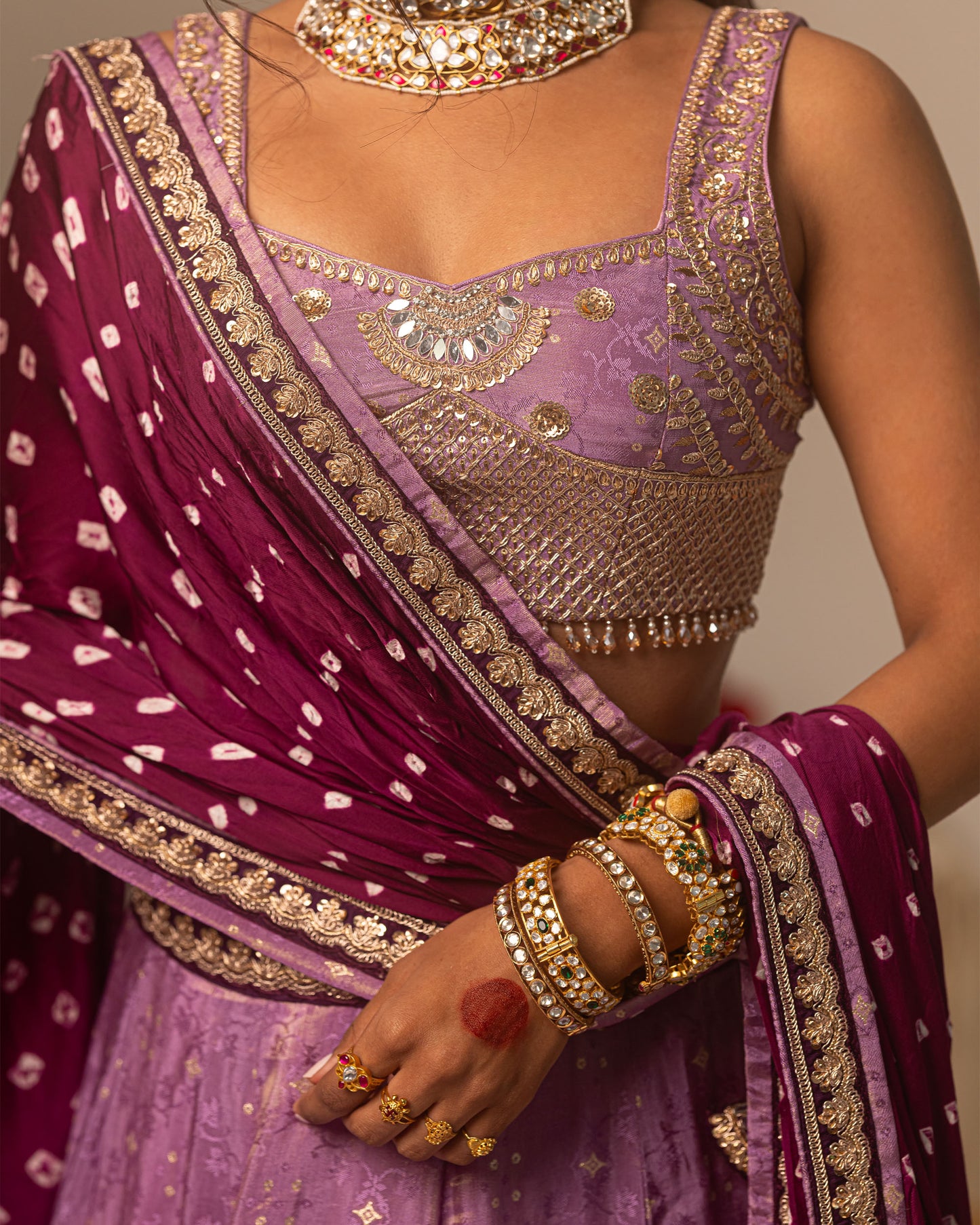 Purple Jari Tissue Lehenga Set with bandhani duppata