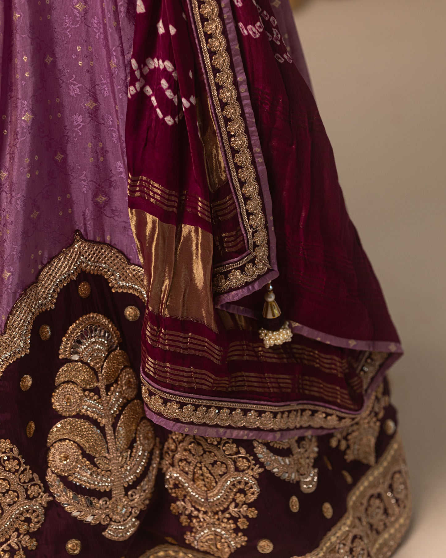 Purple Jari Tissue Lehenga Set with bandhani duppata
