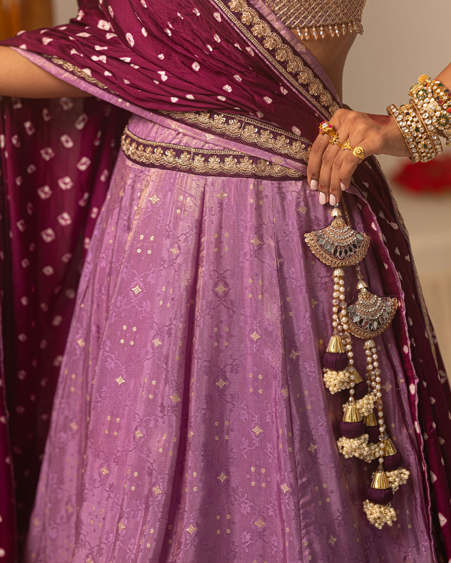 Purple Jari Tissue Lehenga Set with bandhani duppata