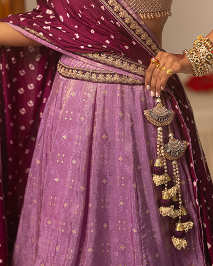 Purple Jari Tissue Lehenga Set with bandhani duppata