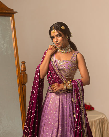 Purple Jari Tissue Lehenga Set with bandhani duppata