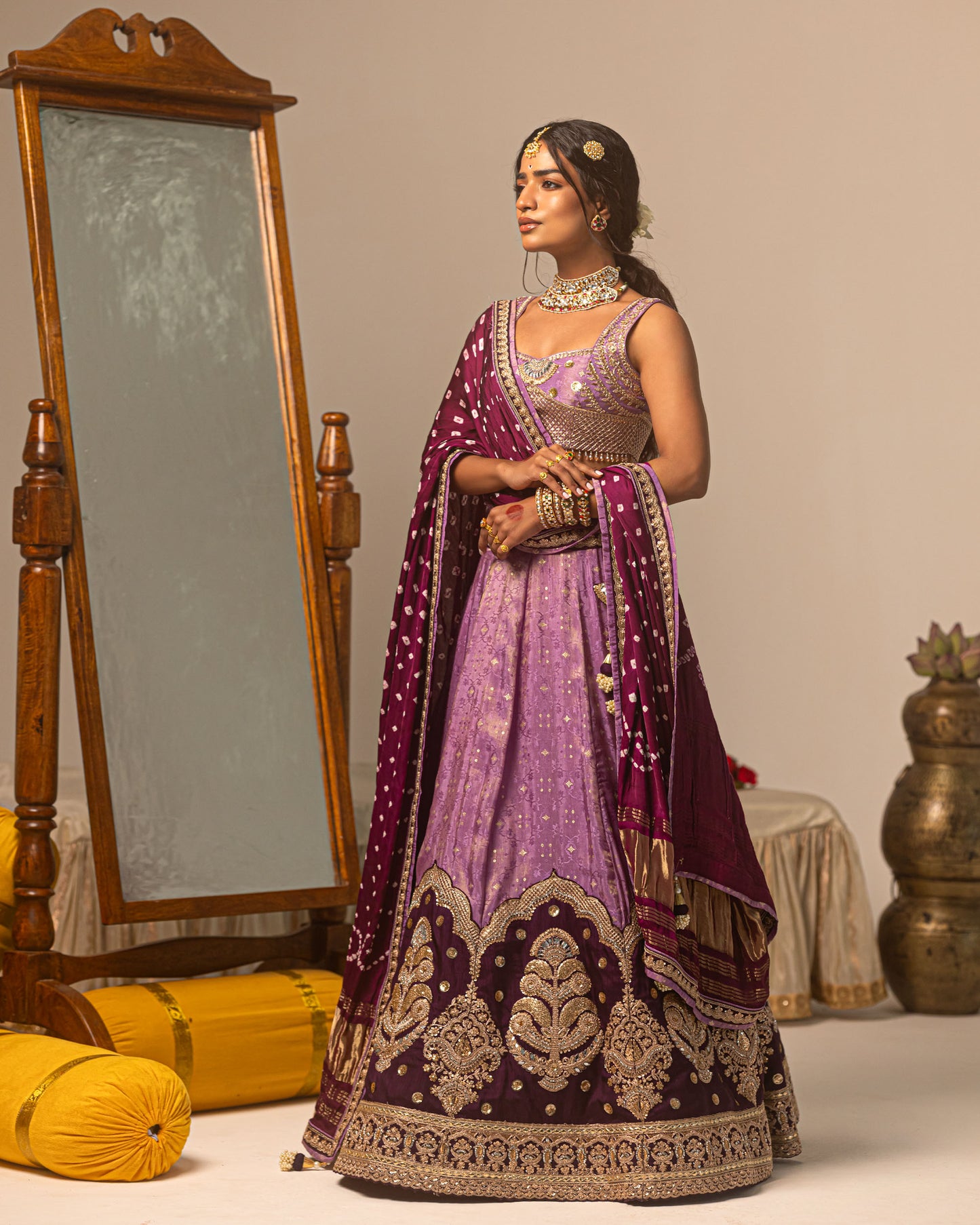 Purple Jari Tissue Lehenga Set with bandhani duppata