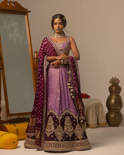 Purple Jari Tissue Lehenga Set with bandhani duppata