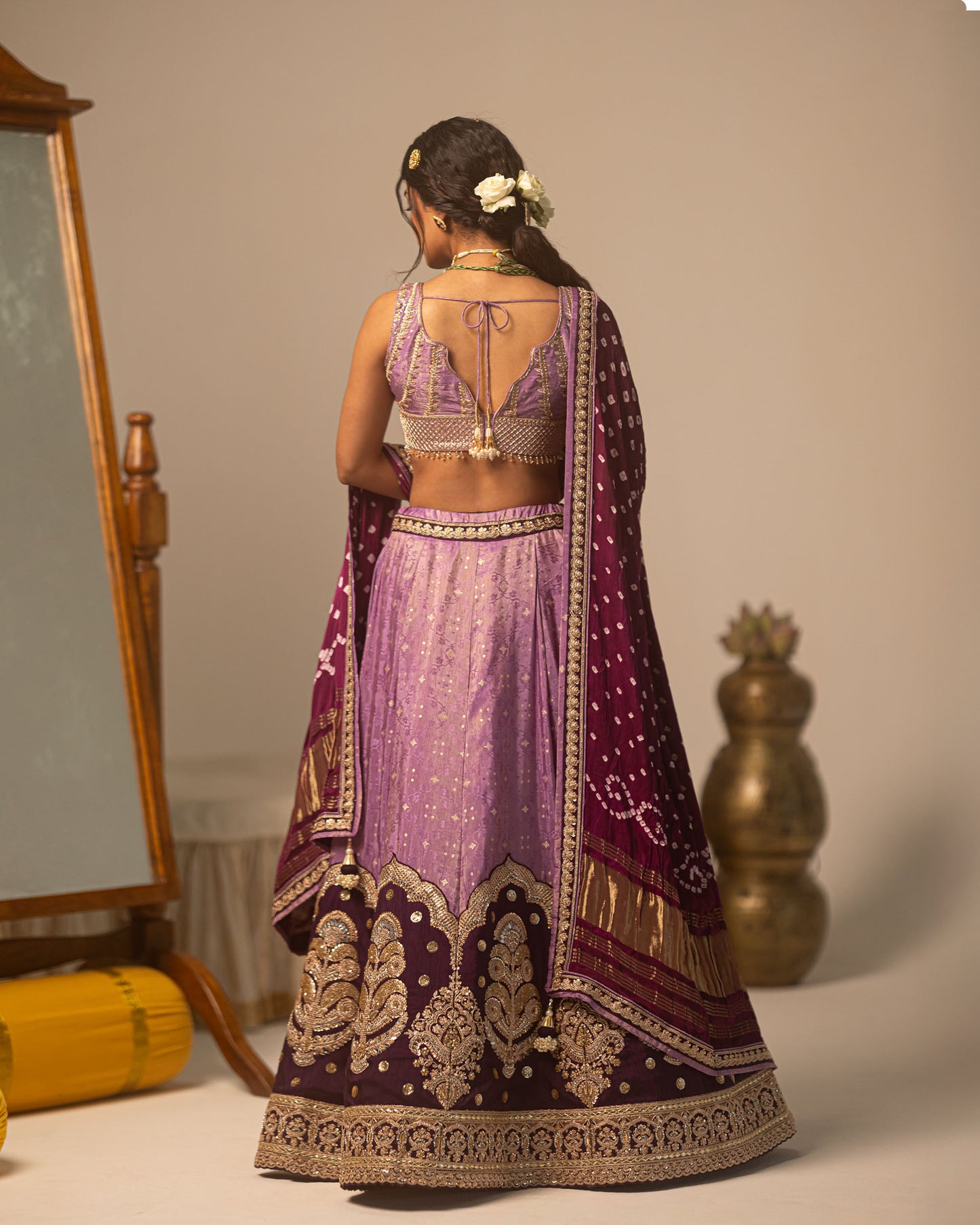 Purple Jari Tissue Lehenga Set with bandhani duppata