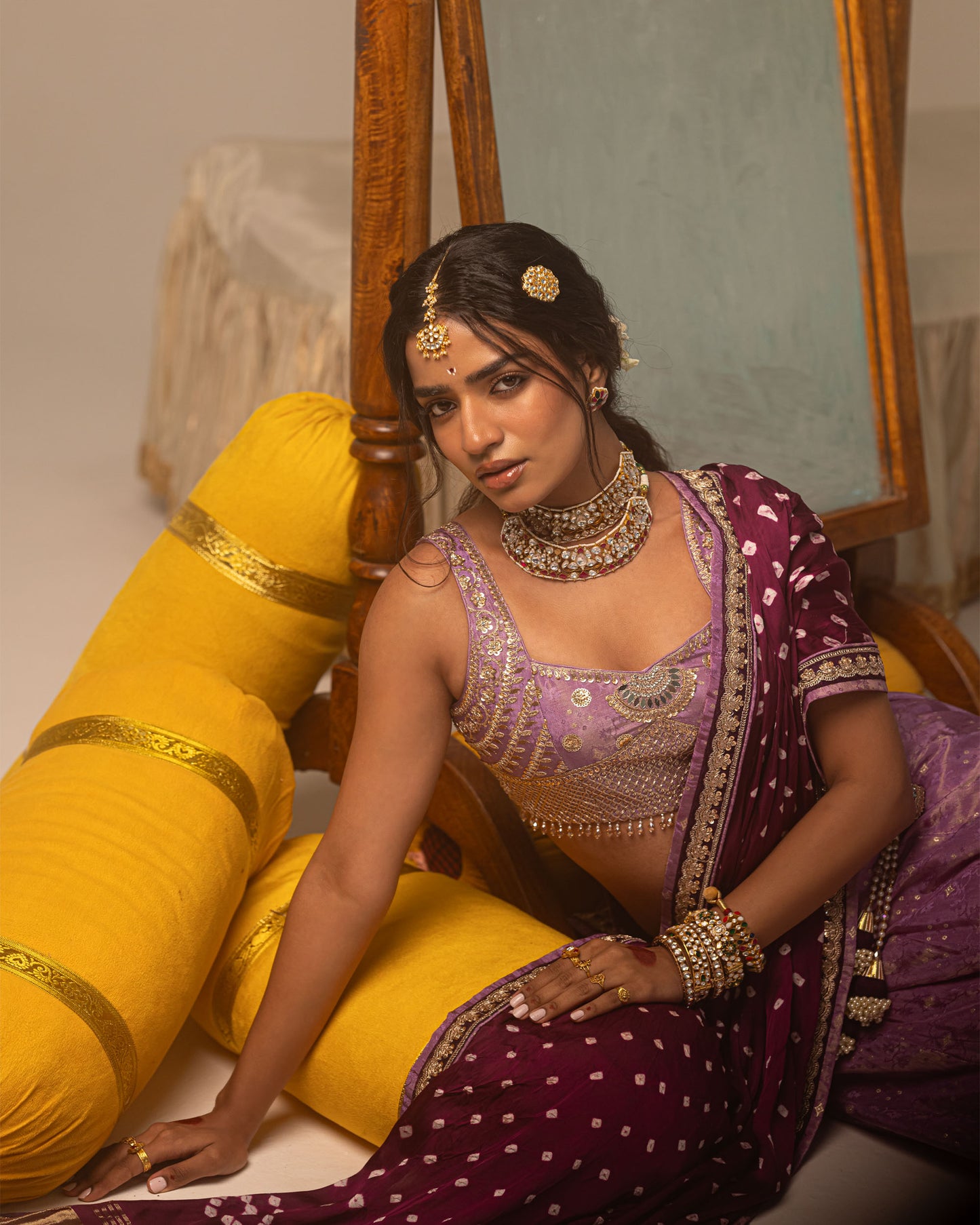 Purple Jari Tissue Lehenga Set with bandhani duppata