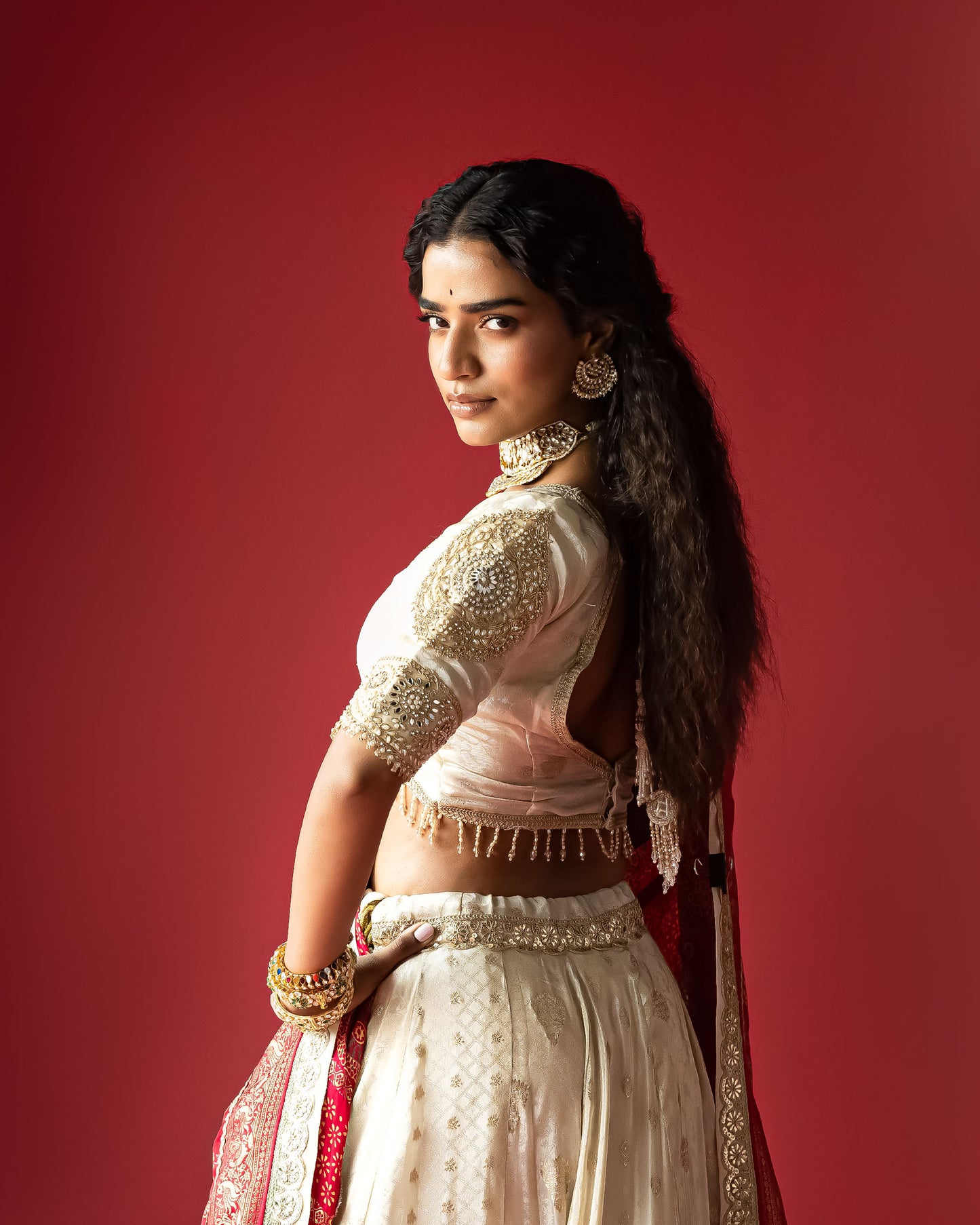 OffWhite  lehenga with Ajrakh Maharani Duppata