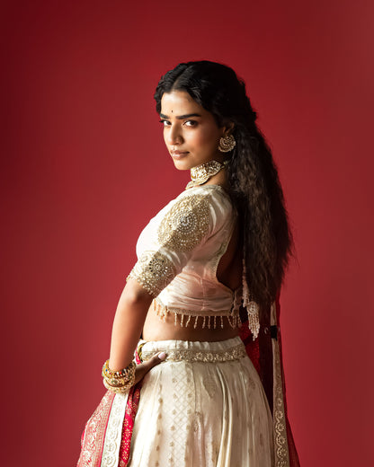OffWhite  lehenga with Ajrakh Maharani Duppata