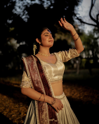 Ivory Zari Tissue Sona Chandi Lehenga Set with Wine Pure Viscose Dupatta