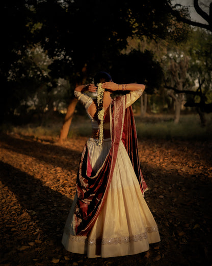Ivory Zari Tissue Sona Chandi Lehenga Set with Wine Pure Viscose Dupatta