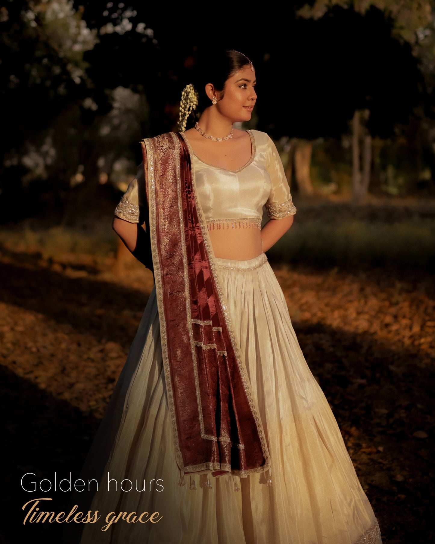 Ivory Zari Tissue Sona Chandi Lehenga Set with Wine Pure Viscose Dupatta