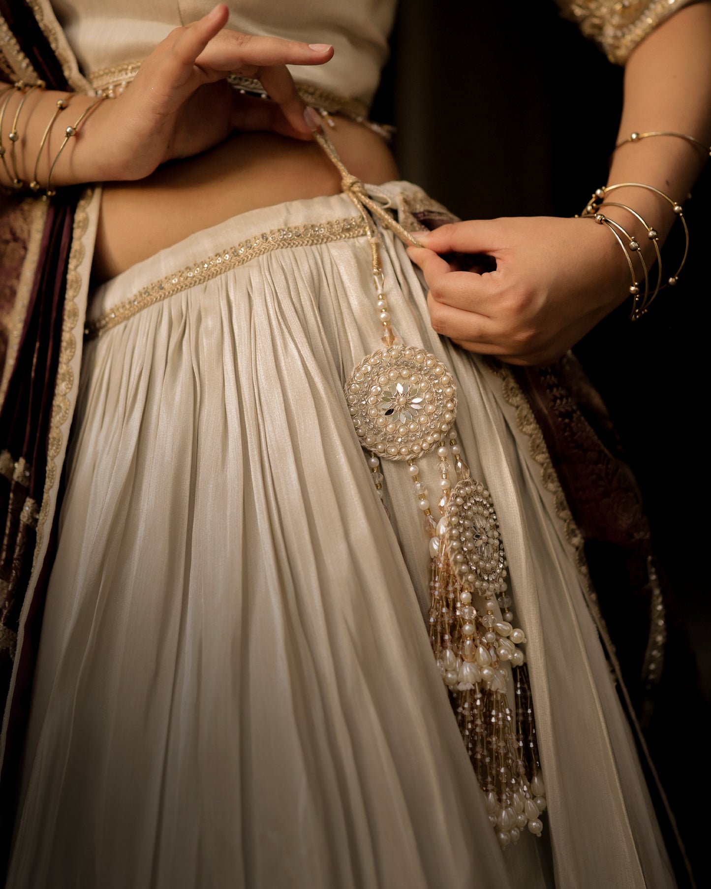 Ivory Zari Tissue Sona Chandi Lehenga Set with Wine Pure Viscose Dupatta