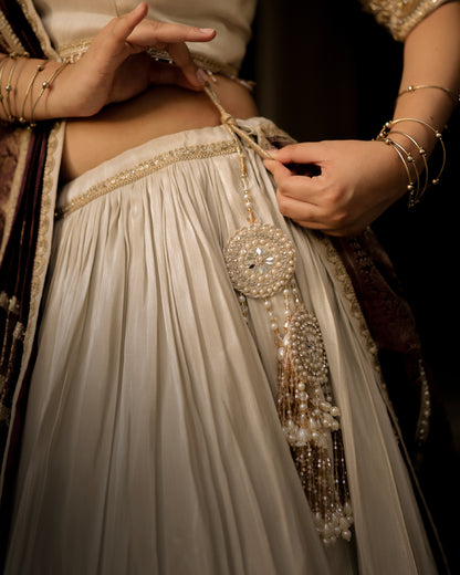 Ivory Zari Tissue Sona Chandi Lehenga Set with Wine Pure Viscose Dupatta