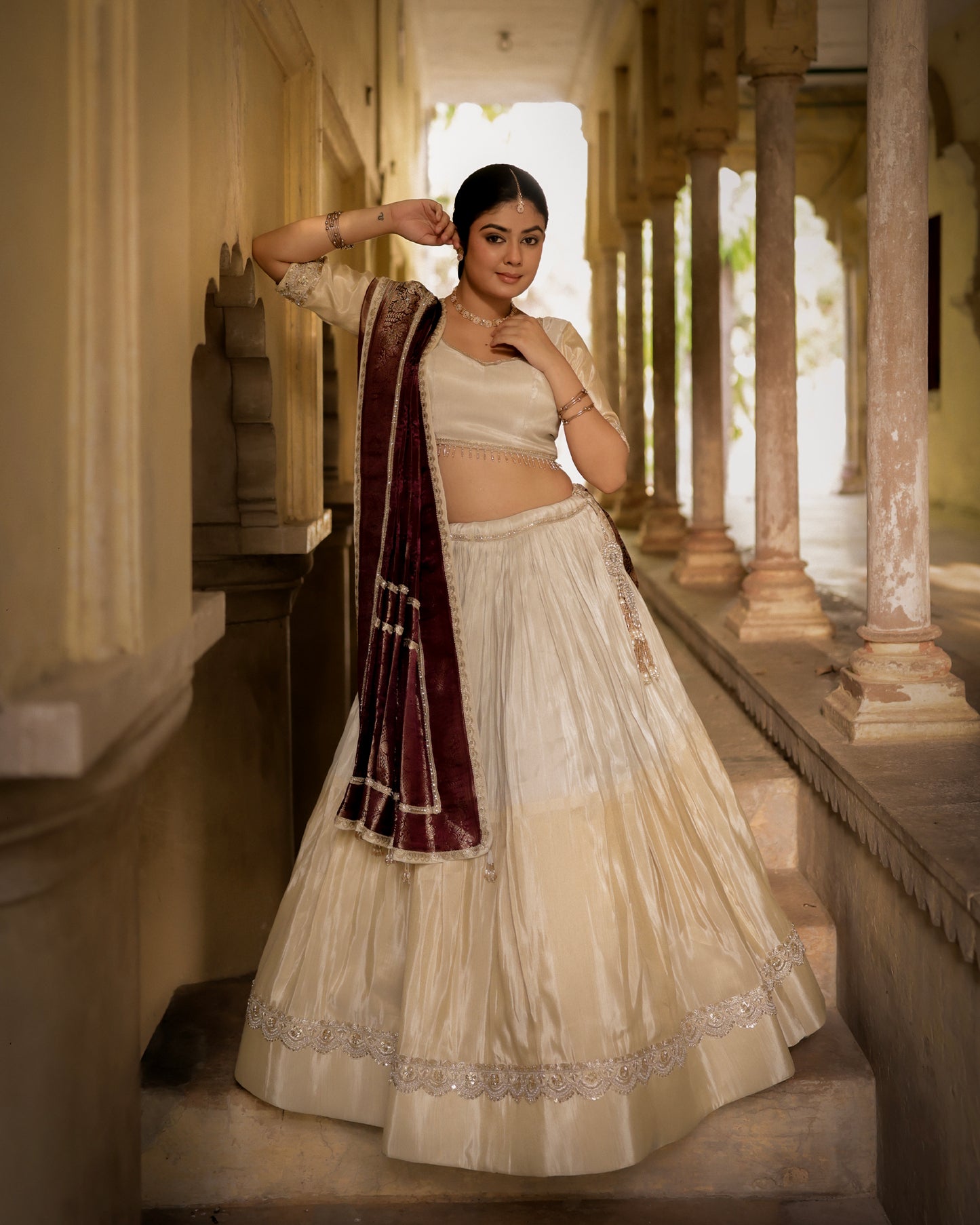 Ivory Zari Tissue Sona Chandi Lehenga Set with Wine Pure Viscose Dupatta