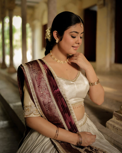 Ivory Zari Tissue Sona Chandi Lehenga Set with Wine Pure Viscose Dupatta