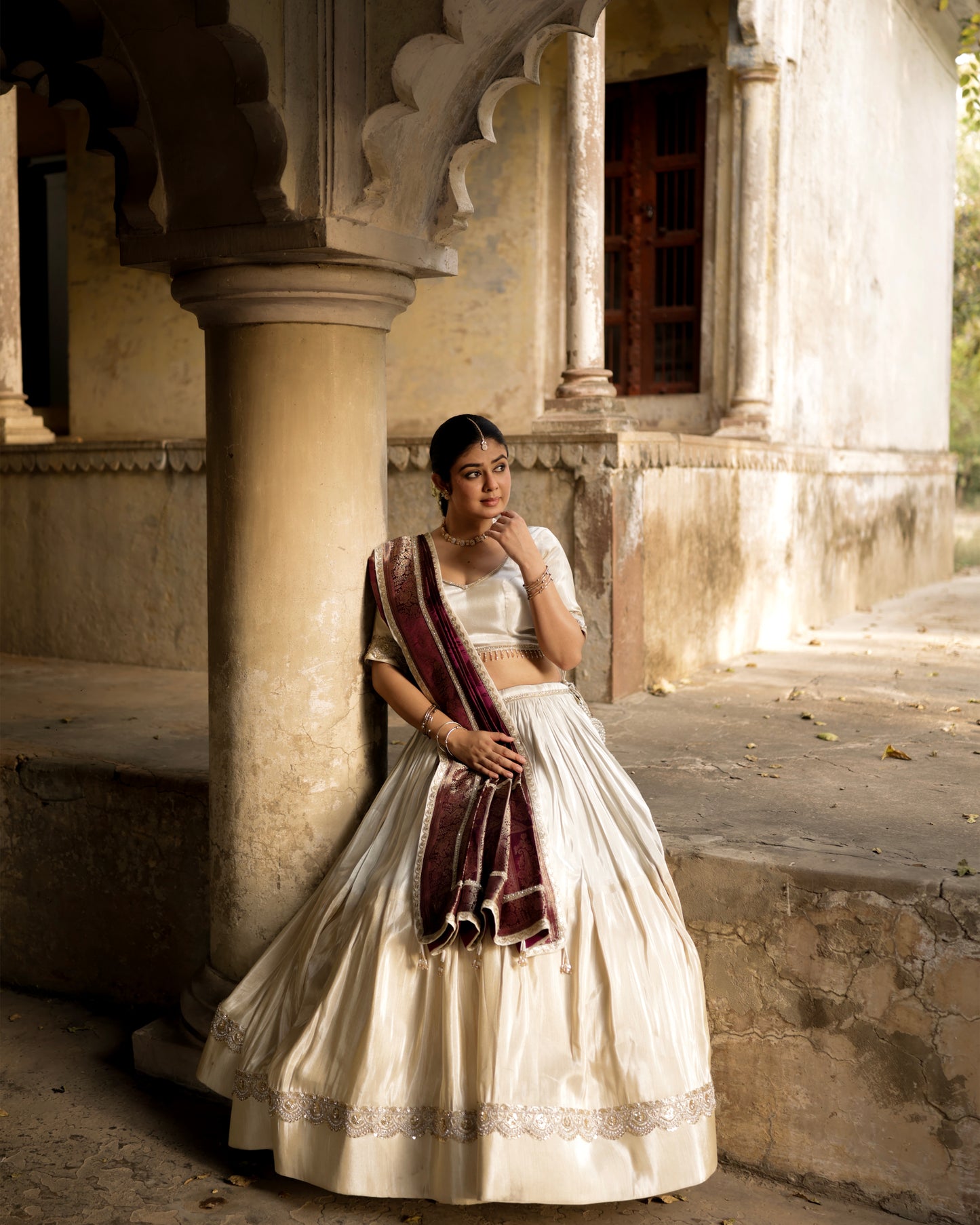 Ivory Zari Tissue Sona Chandi Lehenga Set with Wine Pure Viscose Dupatta