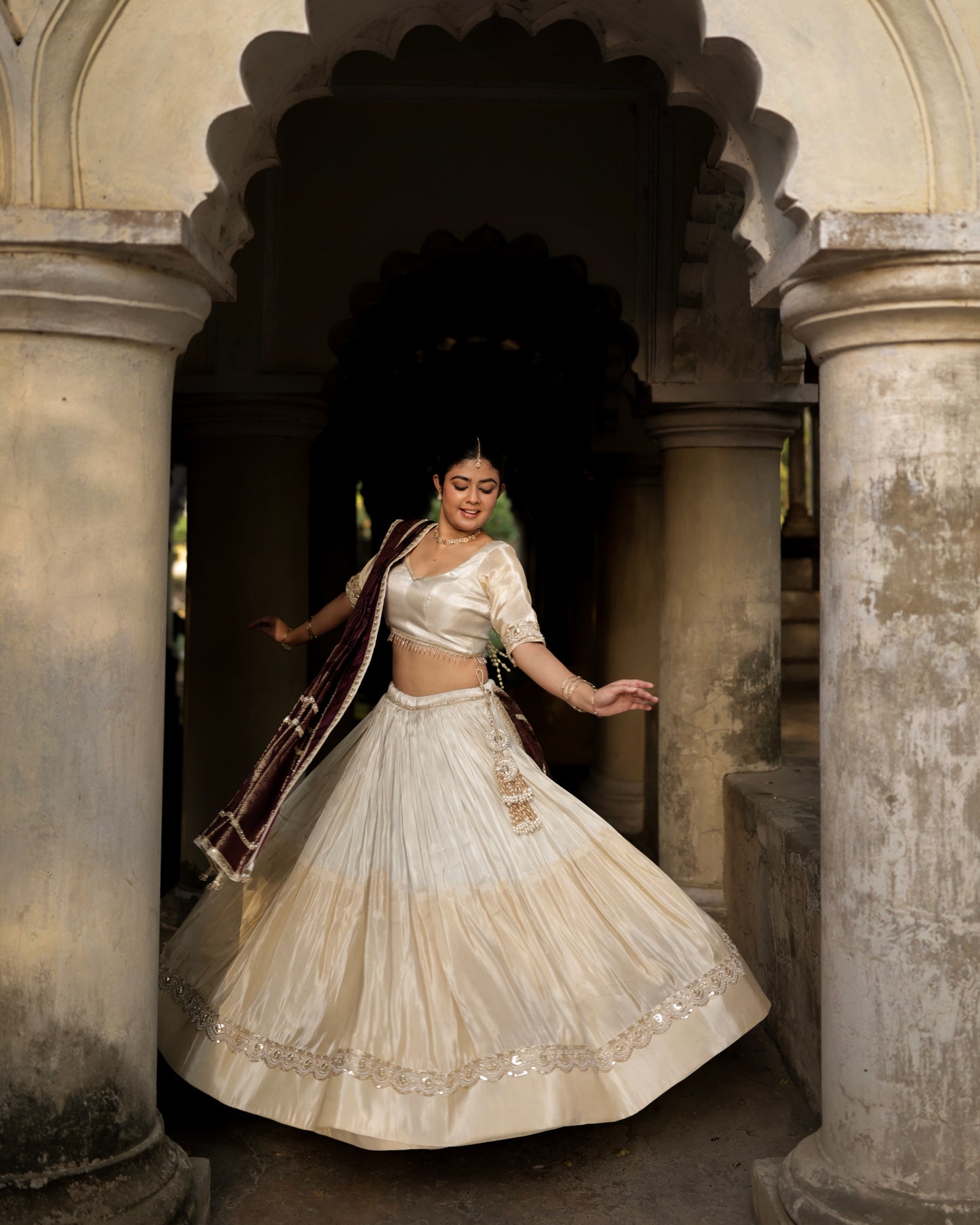 Ivory Zari Tissue Sona Chandi Lehenga Set with Wine Pure Viscose Dupatta