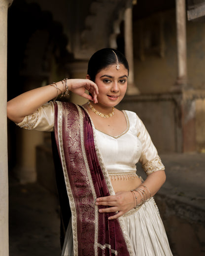 Ivory Zari Tissue Sona Chandi Lehenga Set with Wine Pure Viscose Dupatta