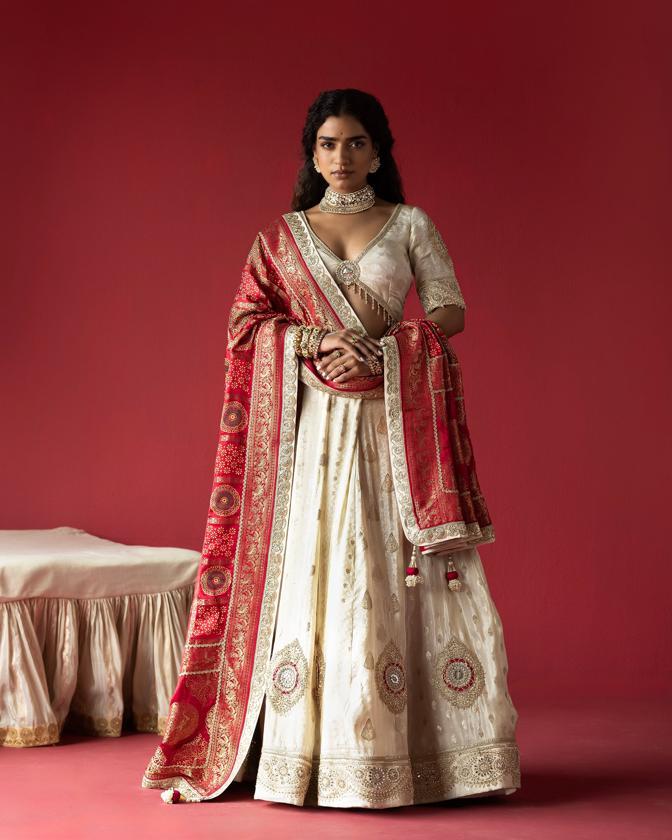 OffWhite  lehenga with Ajrakh Maharani Duppata