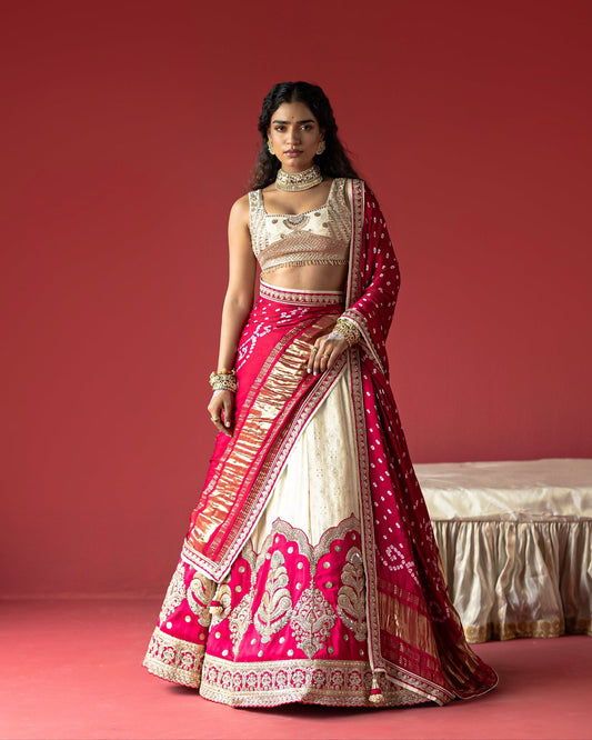 Woman in a traditional pink and white saree with gold patterns against a red background