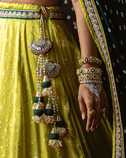pistachio-green jari tissue jeq. lehenga with bandhej duppata