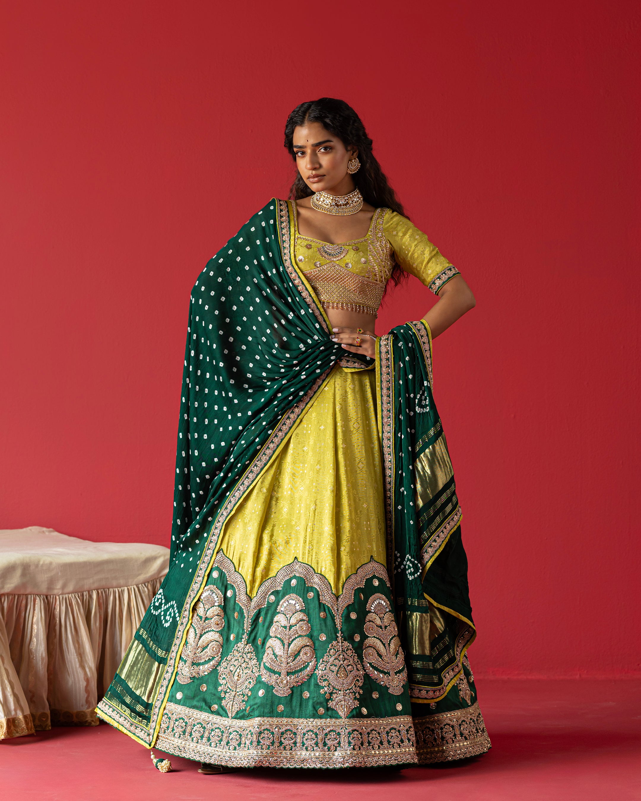 pistachio-green jari tissue jeq. lehenga with bandhej duppata