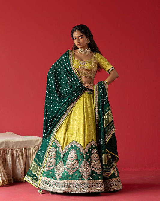 pistachio-green jari tissue jeq. lehenga with bandhej duppata