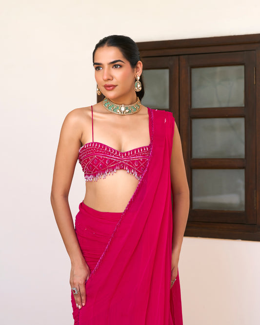 Rani Pink Draped Saree Set with Sweetheart Corset Blouse