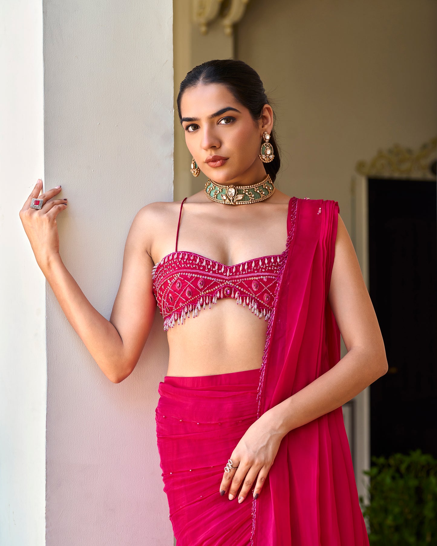 Rani Pink Draped Saree Set with Sweetheart Corset Blouse