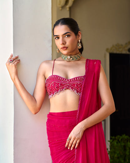 Rani Pink Draped Saree Set with Sweetheart Corset Blouse