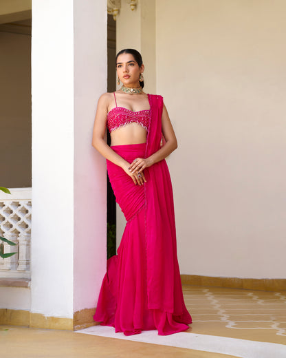 Rani Pink Draped Saree Set with Sweetheart Corset Blouse
