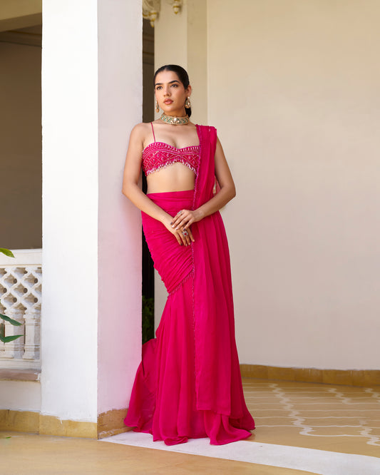 Rani Pink Draped Saree Set with Sweetheart Corset Blouse