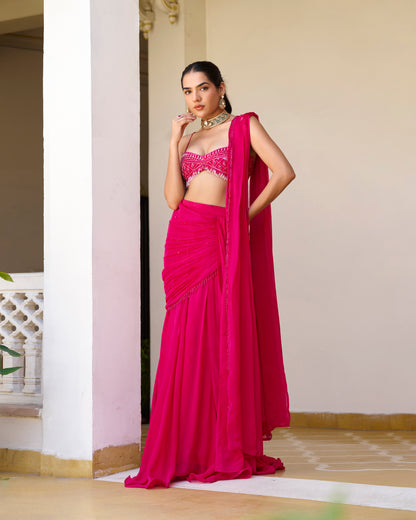 Rani Pink Draped Saree Set with Sweetheart Corset Blouse
