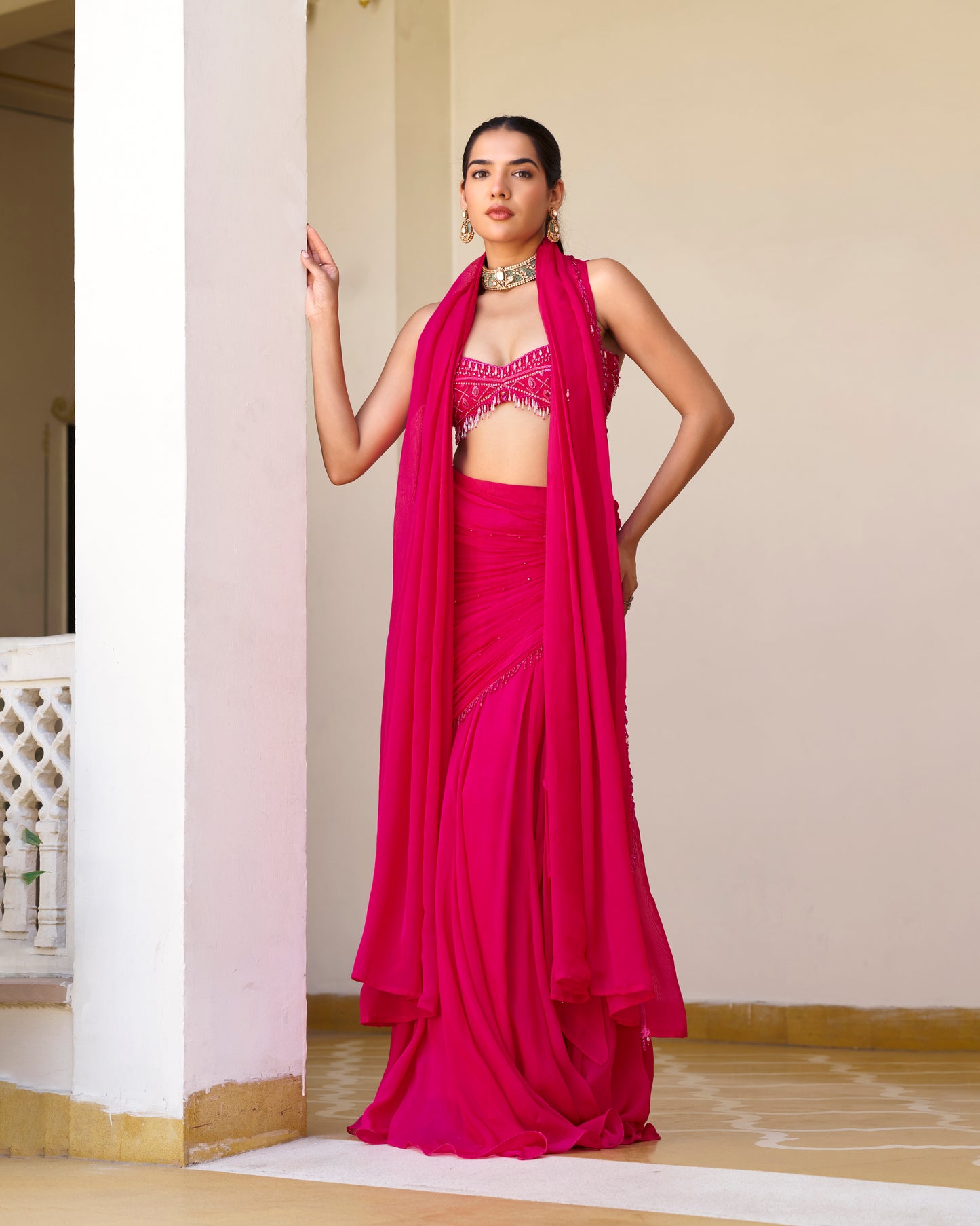 Rani Pink Draped Saree Set with Sweetheart Corset Blouse