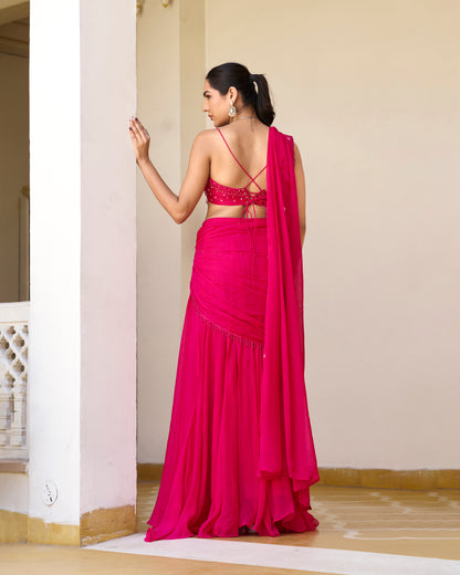 Rani Pink Draped Saree Set with Sweetheart Corset Blouse