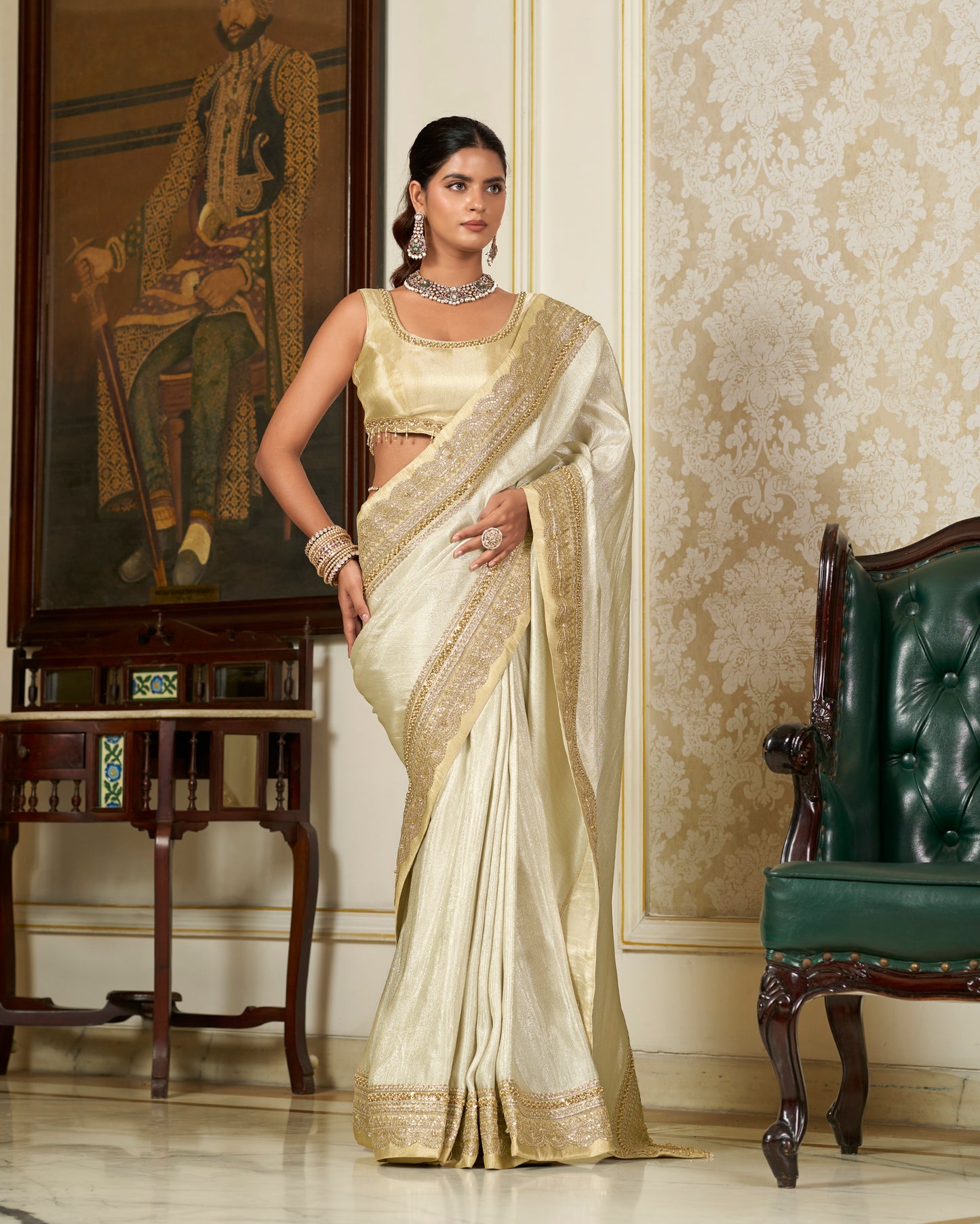 Silver Tissue Saree with Gold Zari Border & Crystal Embroidery